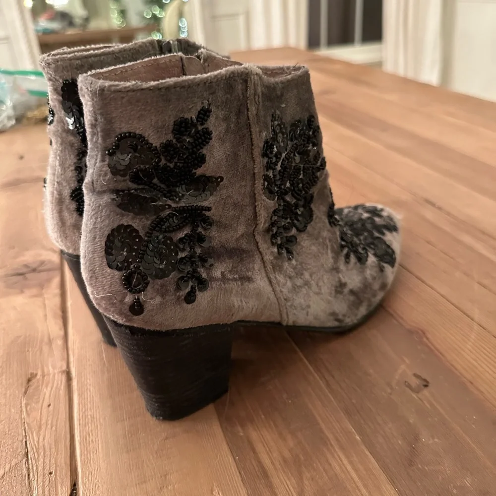 Free People Gray Velvet Ankle Booties with Black Embroidery
